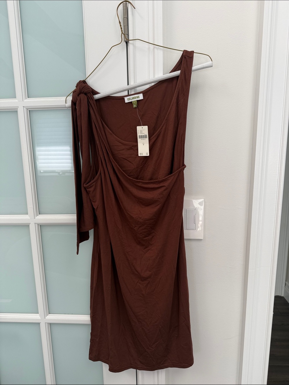 Anthropologie One-Shoulder Tie Dress in Chocolate Brown